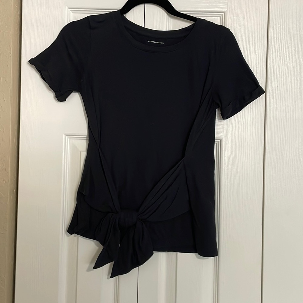 Anthropologie black short sleeve top with tie waist detail